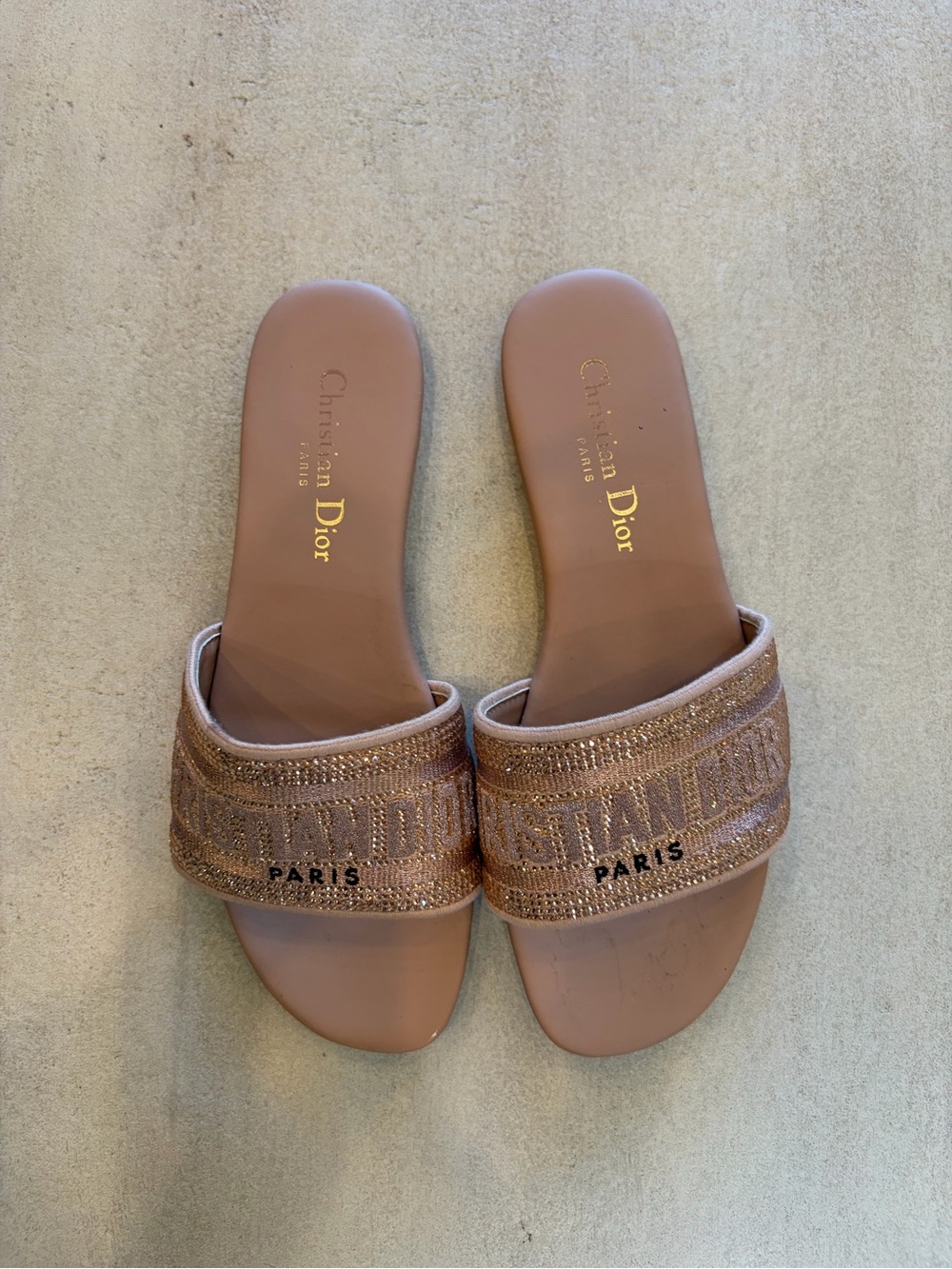 Pink-Beige Crystal Embroidered Logo Slide Sandals